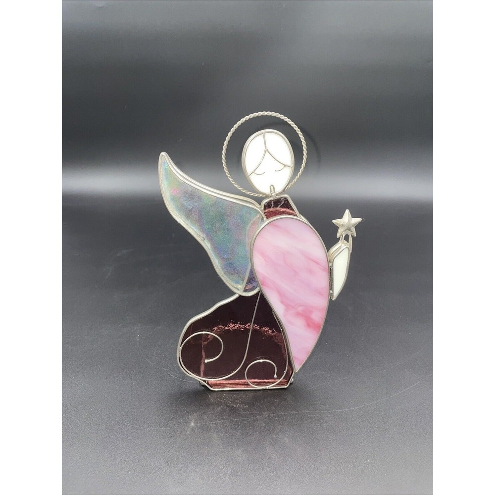 Stained Glass Angel Candle Holder Star Sun Catcher Iridescent 7.5"